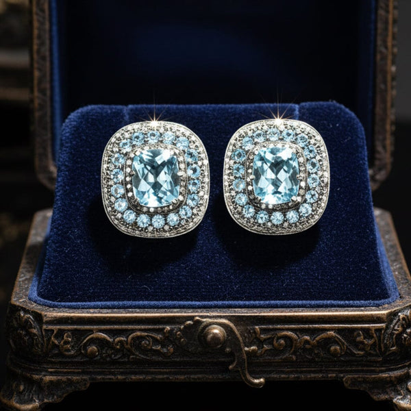 Retro Swiss Blue Topaz Diamond Earrings, 18K Gold Fine 1940s - Boylerpf