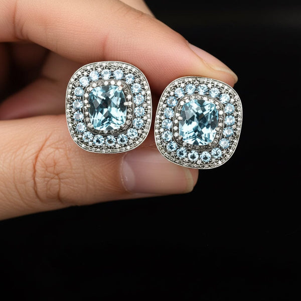 Retro Swiss Blue Topaz Diamond Earrings, 18K Gold Fine 1940s - Boylerpf