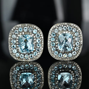 Retro Swiss Blue Topaz Diamond Earrings, 18K Gold Fine 1940s - Boylerpf