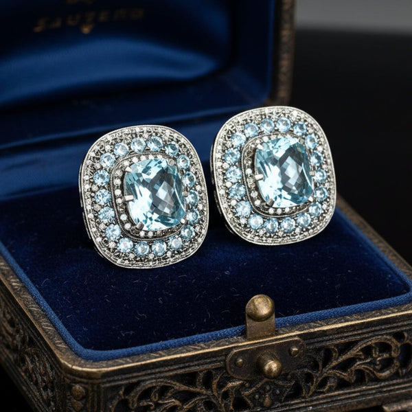 Retro Swiss Blue Topaz Diamond Earrings, 18K Gold Fine 1940s - Boylerpf