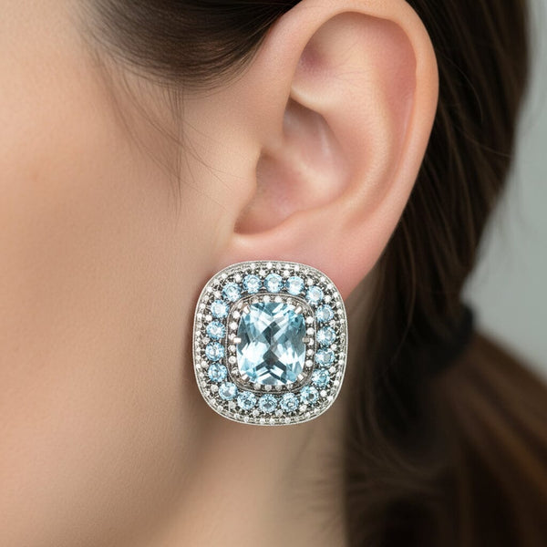 Retro Swiss Blue Topaz Diamond Earrings, 18K Gold Fine 1940s - Boylerpf