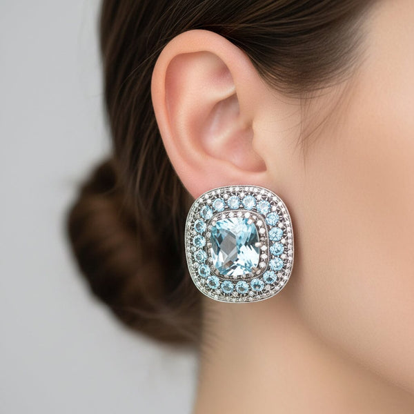 Retro Swiss Blue Topaz Diamond Earrings, 18K Gold Fine 1940s - Boylerpf