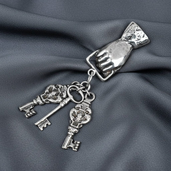 Large 1920s Art Deco Silver Hand Dangling Key Brooch