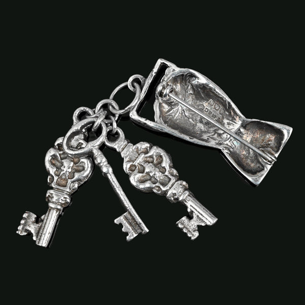 Large 1920s Art Deco Silver Hand Dangling Key Brooch