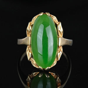 Vintage Gold Leaf Oval Natural Jade Cabochon Ring - Boylerpf