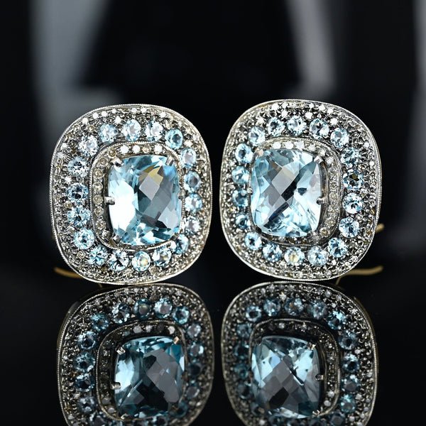 Retro Swiss Blue Topaz Diamond Earrings, 18K Gold Fine 1940s - Boylerpf