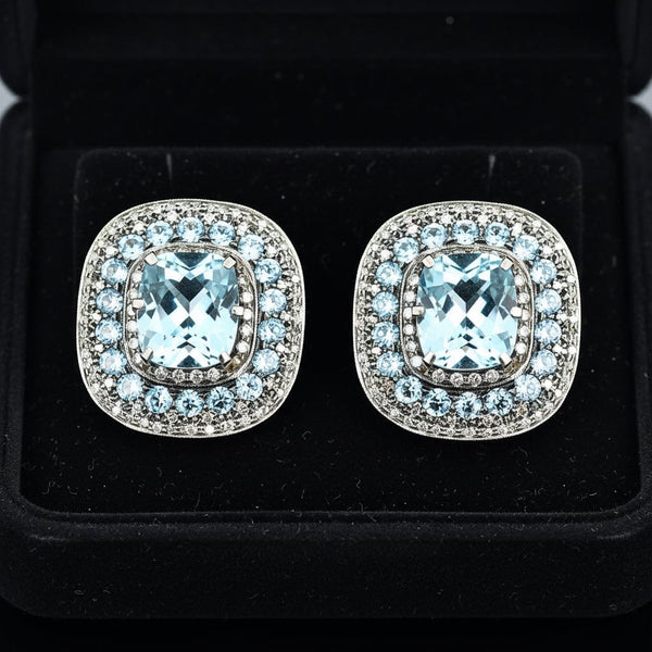 Retro Swiss Blue Topaz Diamond Earrings, 18K Gold Fine 1940s - Boylerpf
