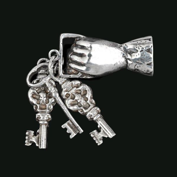 Large 1920s Art Deco Silver Hand Dangling Key Brooch