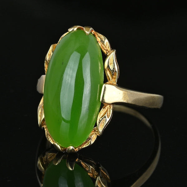 Vintage Gold Leaf Oval Natural Jade Cabochon Ring - Boylerpf