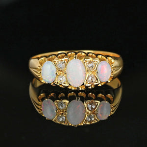 Fine 18K Gold Rose Cut Diamond Three Stone Opal Ring Band - Boylerpf