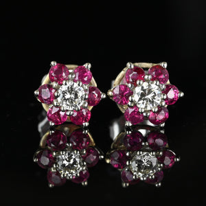 Vintage 14K White Gold Ruby Cluster Diamond Stud Earrings - Boylerpf
