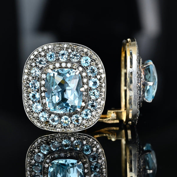 Retro Swiss Blue Topaz Diamond Earrings, 18K Gold Fine 1940s - Boylerpf