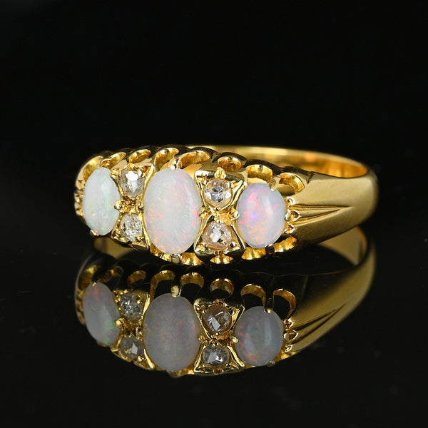 Fine 18K Gold Rose Cut Diamond Three Stone Opal Ring Band - Boylerpf