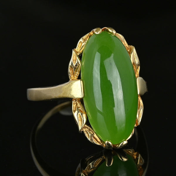 Vintage Gold Leaf Oval Natural Jade Cabochon Ring - Boylerpf