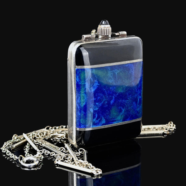Art Deco Silver Enamel Pocket Watch Chain Necklace - Boylerpf