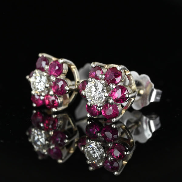 Vintage 14K White Gold Ruby Cluster Diamond Stud Earrings - Boylerpf