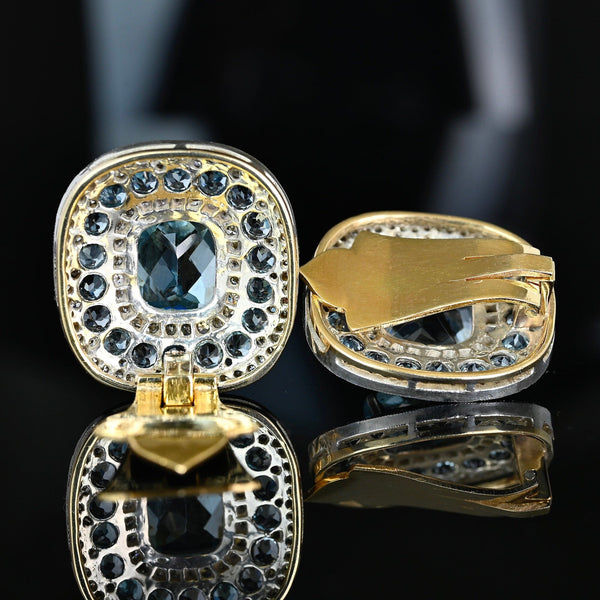 Retro Swiss Blue Topaz Diamond Earrings, 18K Gold Fine 1940s - Boylerpf
