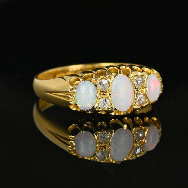 Fine 18K Gold Rose Cut Diamond Three Stone Opal Ring Band - Boylerpf