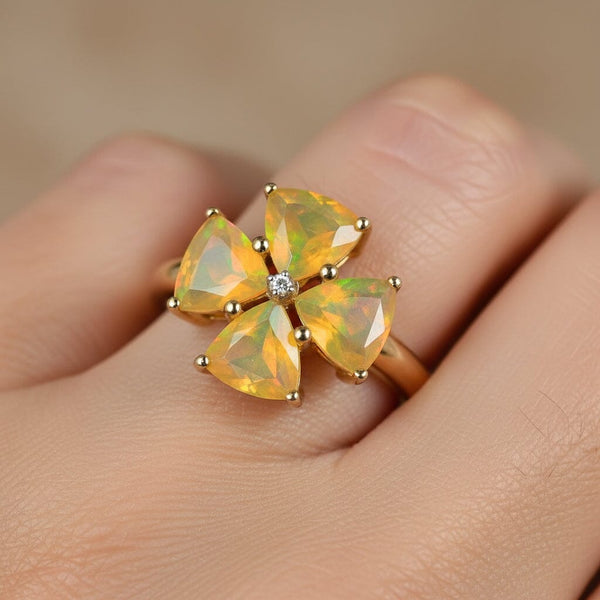 Vintage Diamond Trillion Cut Ethiopian Fire Opal Ring in Gold - Boylerpf