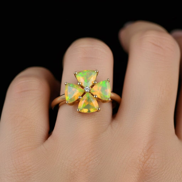Vintage Diamond Trillion Cut Ethiopian Fire Opal Ring in Gold - Boylerpf