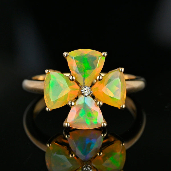 Vintage Diamond Trillion Cut Ethiopian Fire Opal Ring in Gold - Boylerpf