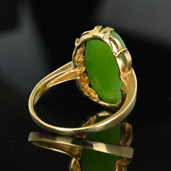 Vintage Gold Leaf Oval Natural Jade Cabochon Ring - Boylerpf