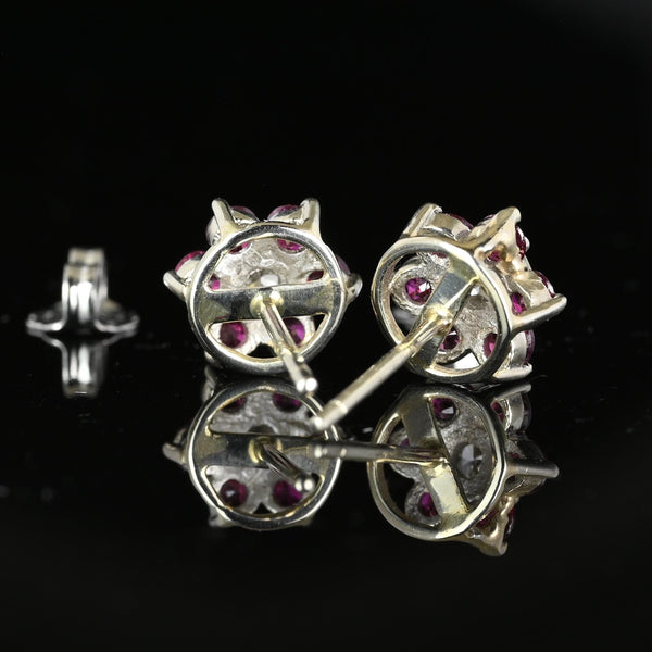 Vintage 14K White Gold Ruby Cluster Diamond Stud Earrings - Boylerpf