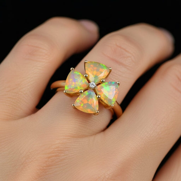 Vintage Diamond Trillion Cut Ethiopian Fire Opal Ring in Gold - Boylerpf