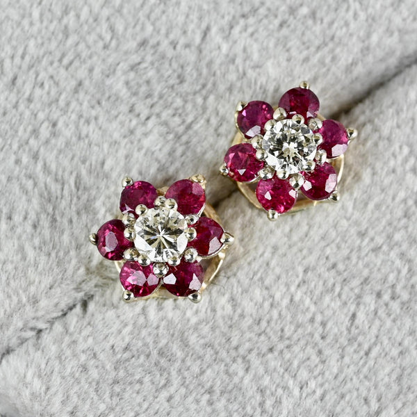 Vintage 14K White Gold Ruby Cluster Diamond Stud Earrings - Boylerpf
