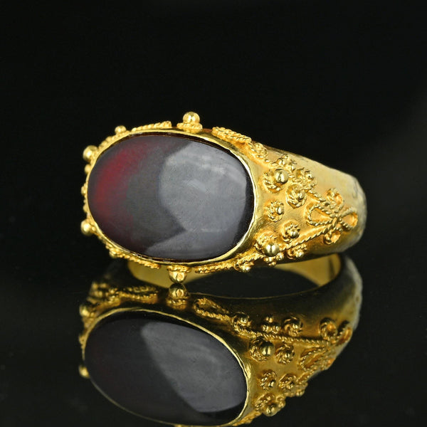 Etruscan 18K Gold East West Carnelian Signet Ring, Hammered Band - Boylerpf