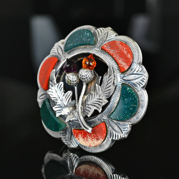 Victorian Scottish Agate Brooch, Citrine Amethyst Thistle