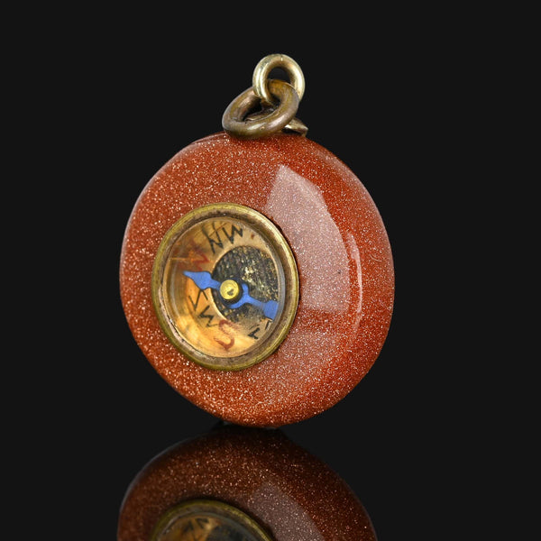 Antique Victorian Goldstone Working Compass Fob Pendant - Boylerpf