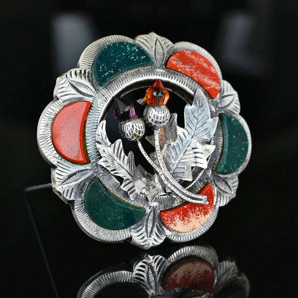 Victorian Scottish Agate Brooch, Citrine Amethyst Thistle