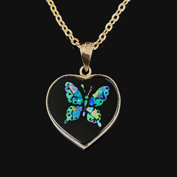 Vintage Black Onyx Heart Opal Butterfly Pendant in 14K Gold - Boylerpf