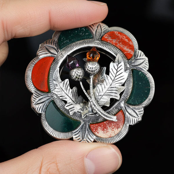 Victorian Scottish Agate Brooch, Citrine Amethyst Thistle