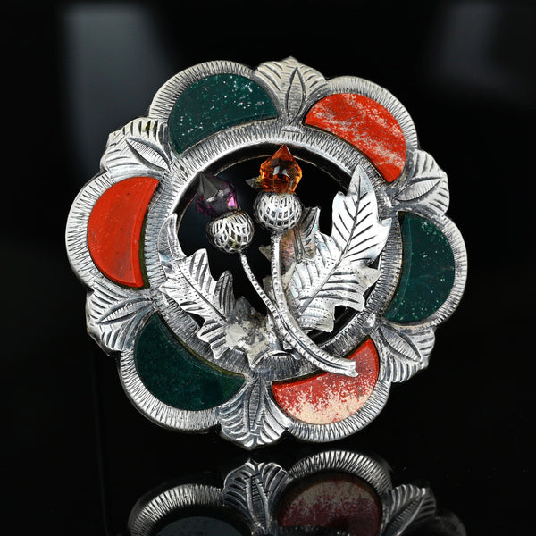Victorian Scottish Agate Brooch, Citrine Amethyst Thistle