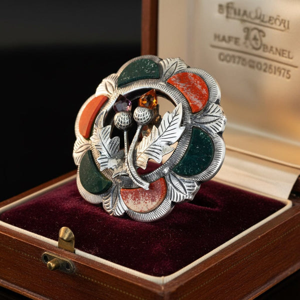 Victorian Scottish Agate Brooch, Citrine Amethyst Thistle