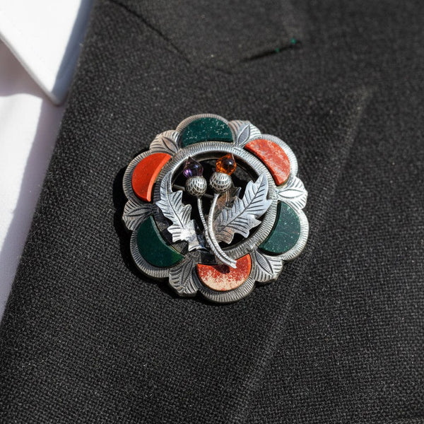 Victorian Scottish Agate Brooch, Citrine Amethyst Thistle