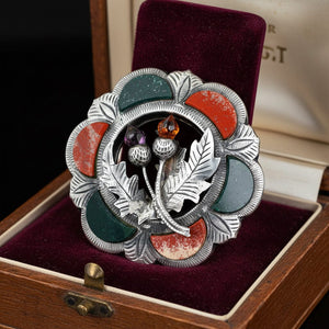 Victorian Scottish Agate Brooch, Citrine Amethyst Thistle - Boylerpf