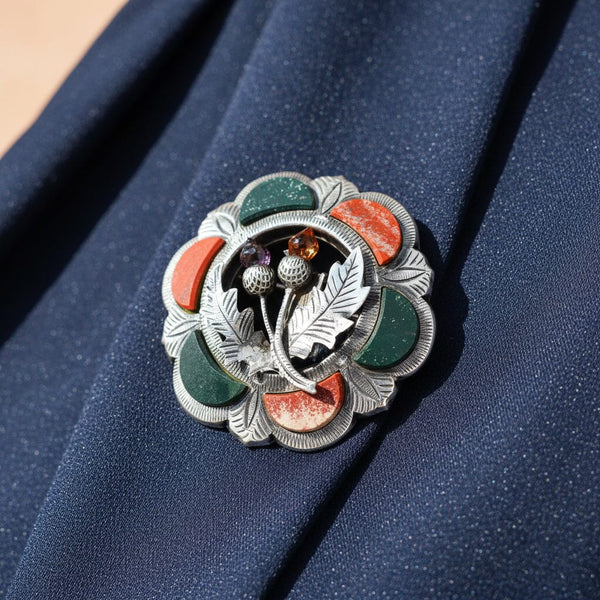 Victorian Scottish Agate Brooch, Citrine Amethyst Thistle