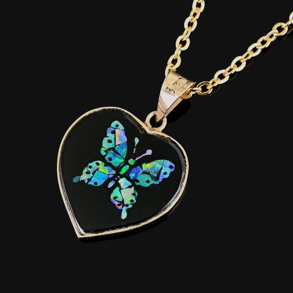 Vintage Black Onyx Heart Opal Butterfly Pendant in 14K Gold - Boylerpf