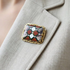 Antique 10K Gold Pietra Dura Scottish Agate Brooch - Boylerpf