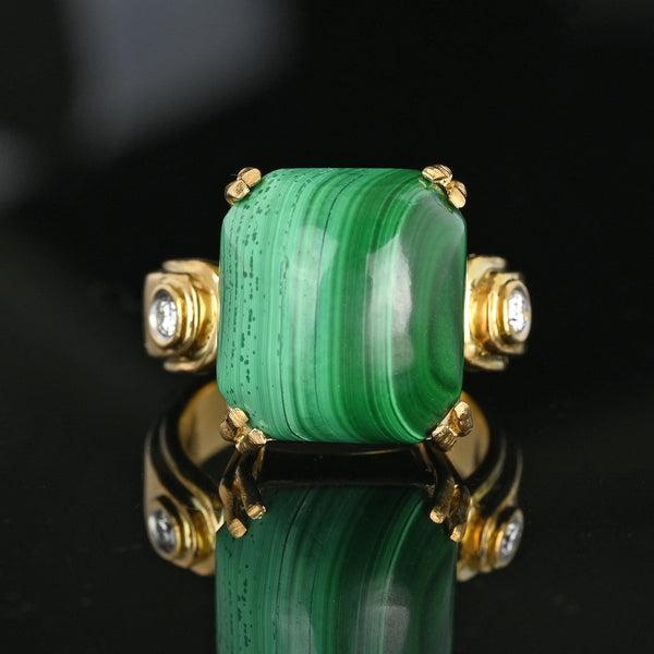 Heavy 18K Gold 14CTW Cabochon Malachite Ring w Diamond Accents - Boylerpf