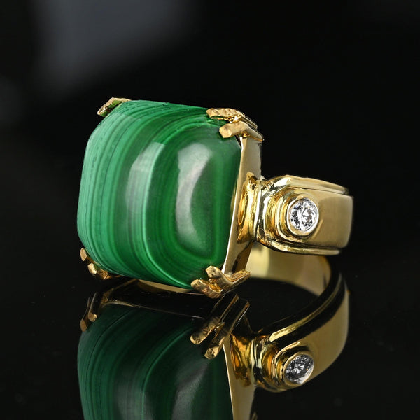 Heavy 18K Gold 14CTW Cabochon Malachite Ring w Diamond Accents - Boylerpf