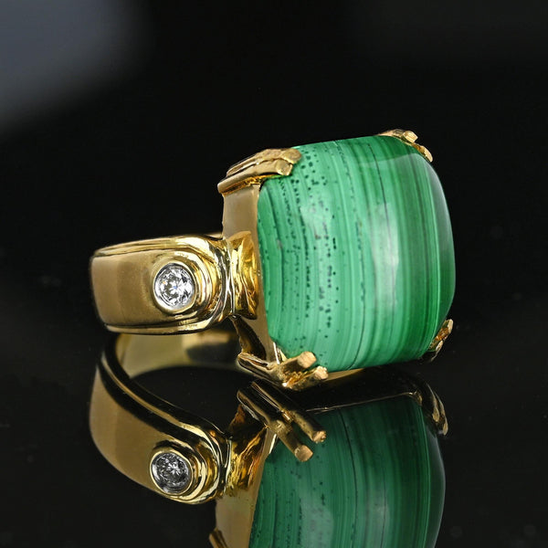 Heavy 18K Gold 14CTW Cabochon Malachite Ring w Diamond Accents - Boylerpf