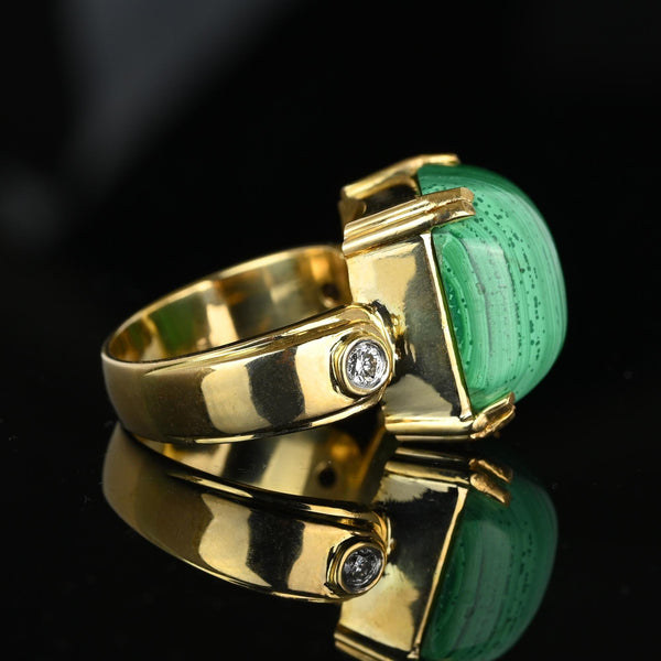 Heavy 18K Gold 14CTW Cabochon Malachite Ring w Diamond Accents - Boylerpf