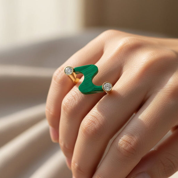 14K Gold Malachite Diamond Modernist Cocktail Ring