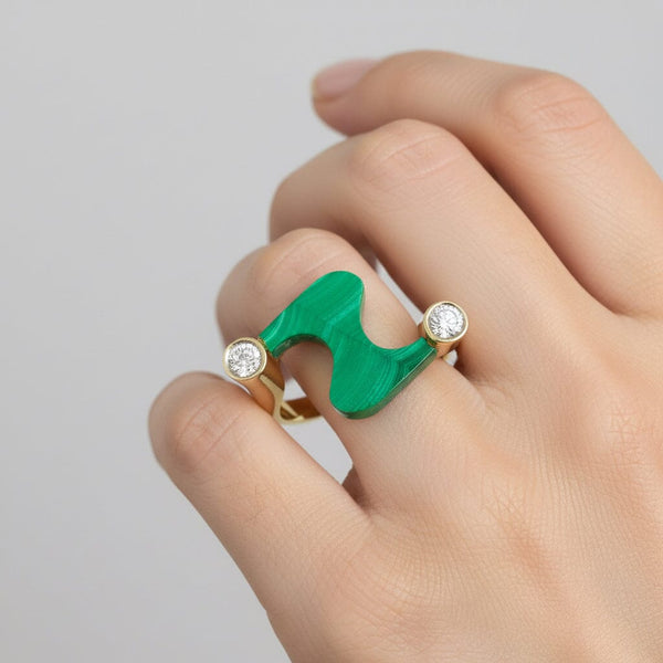 14K Gold Malachite Diamond Modernist Cocktail Ring