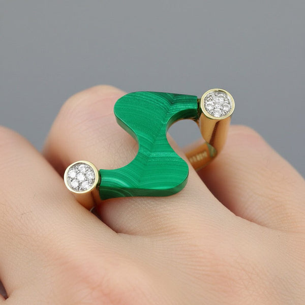 14K Gold Malachite Diamond Modernist Cocktail Ring