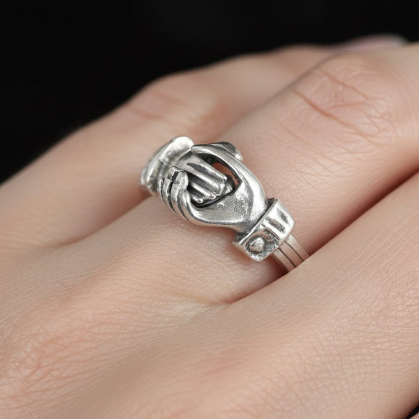 Sterling Silver Heart Interlocking Claddagh Fede Gimmel Ring